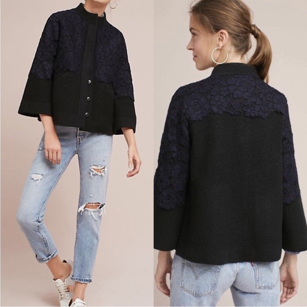 Anthropologie FIELD FLOWER Black Wool Navy Laced Bell Sleeve Sweater Jacket M